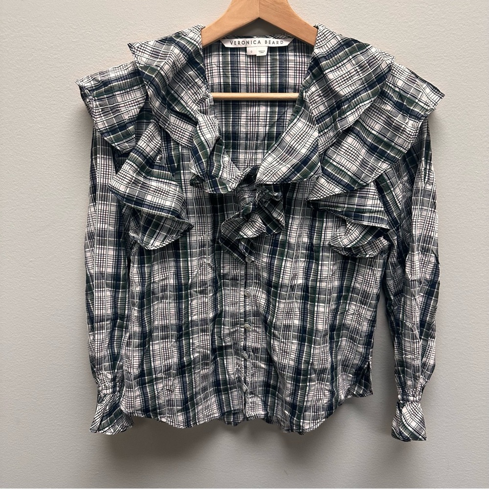 Veronica Beard Black‎ and White Plaid Ruffle Shirt Blouse Womens size 0 Cotton